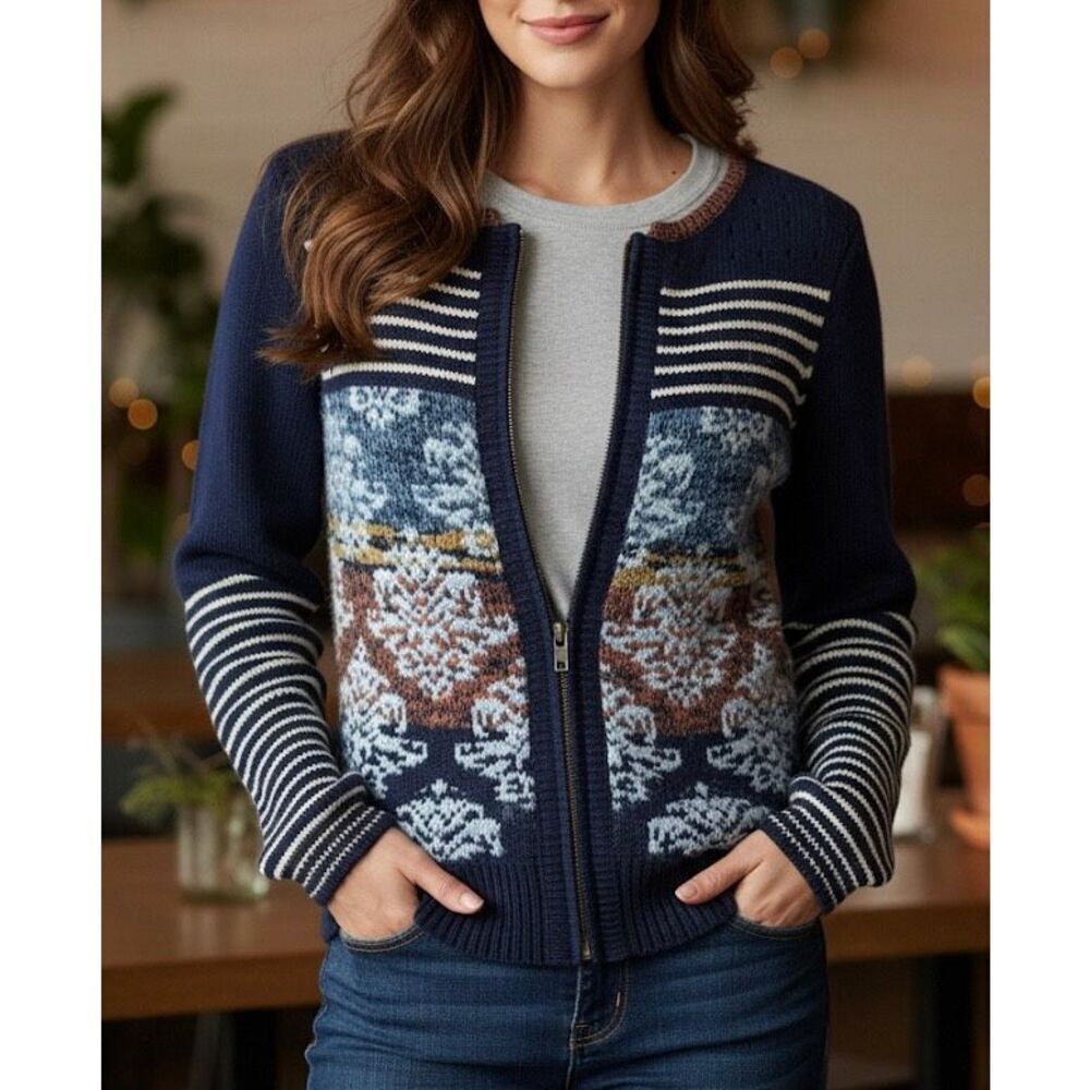Sparrow Anthropologie Arras Navy Blue‎ Zip Front Cardigan Sweater Wool Mohair S